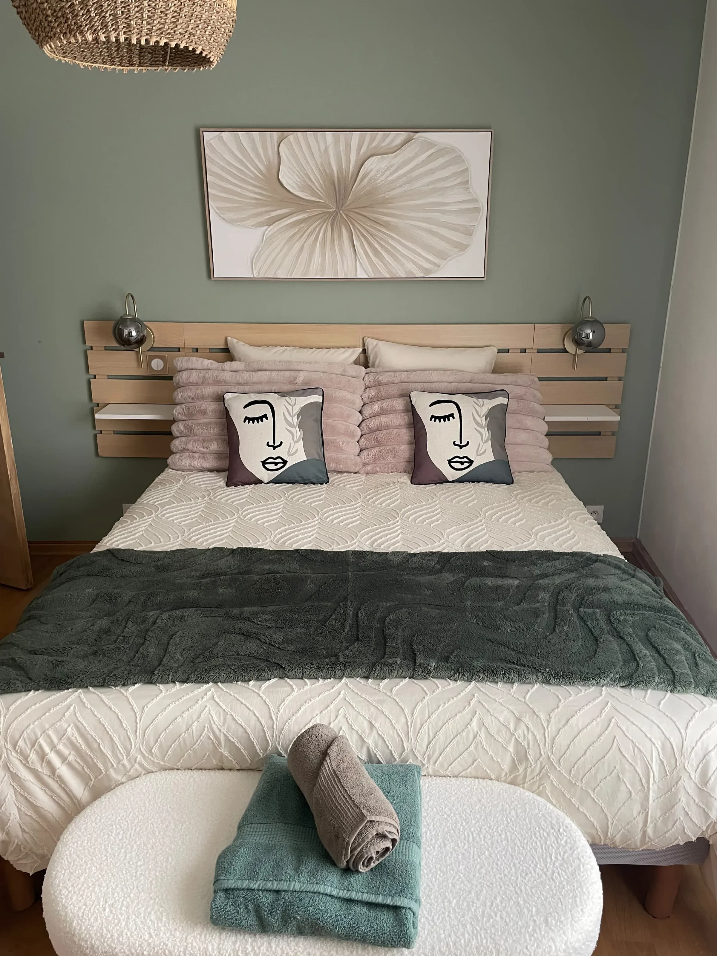 Bedroom 1, double bed, sage green tones