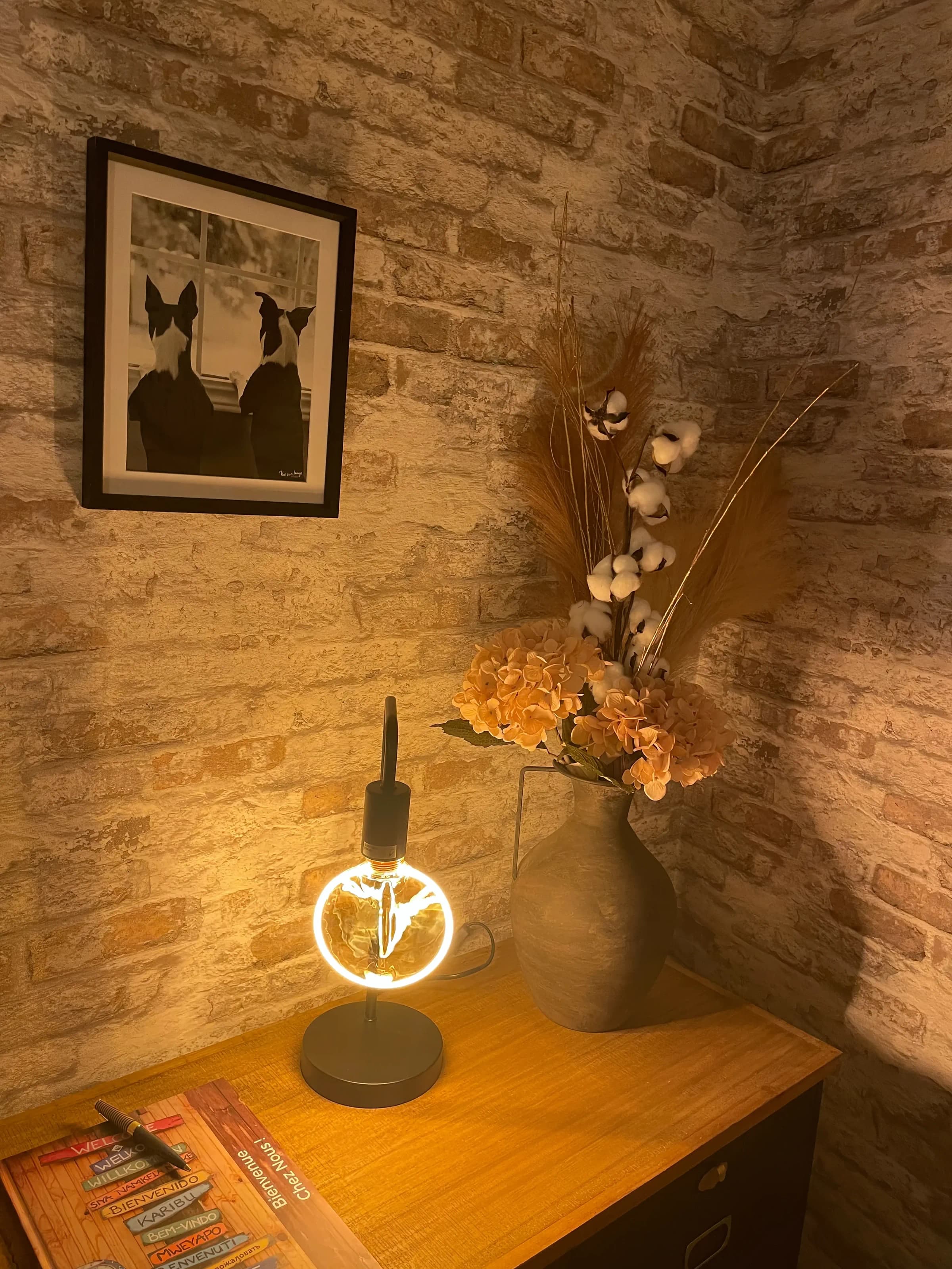 Entrance detail: lamp and vase against brick wall