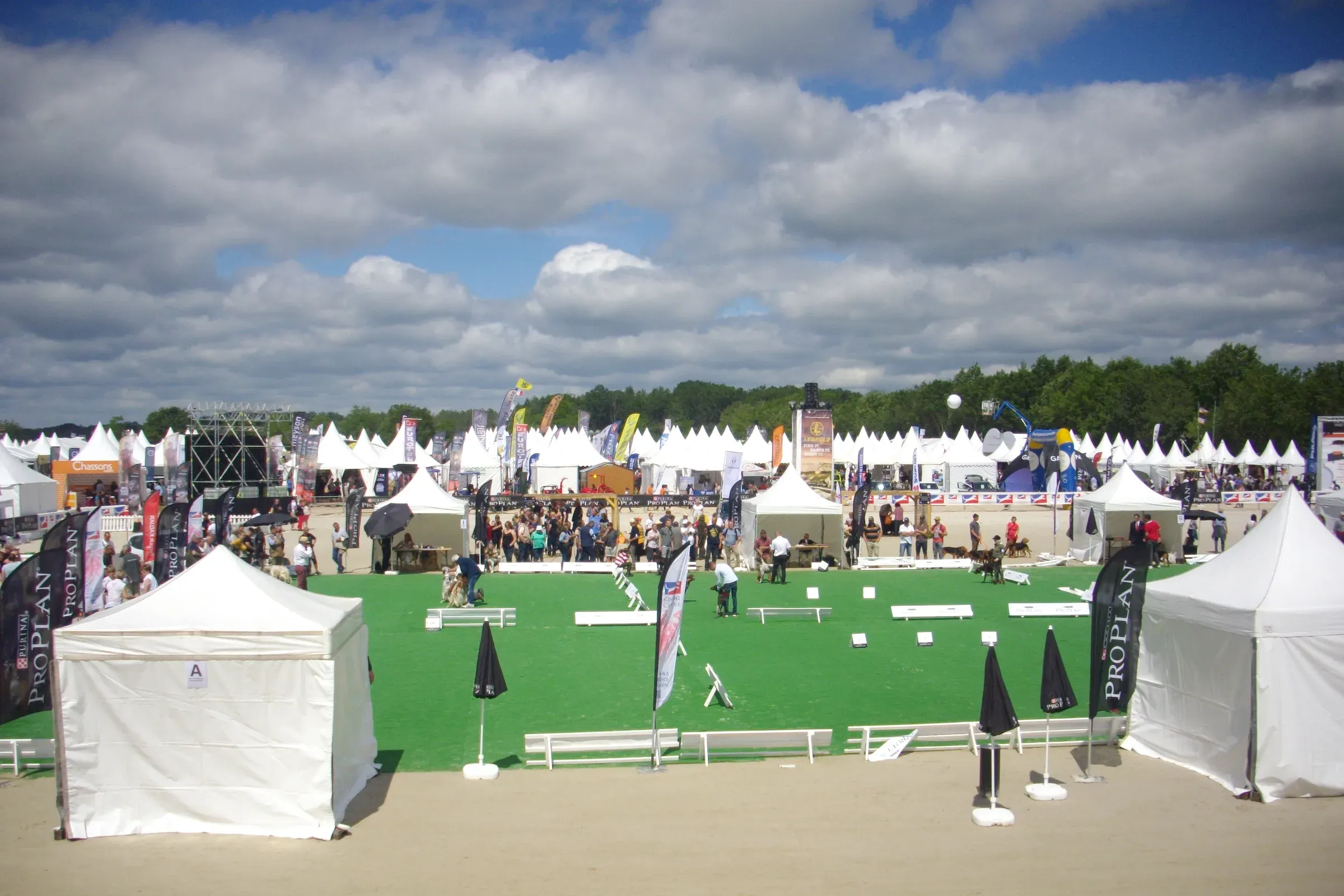 Village d'exposants et piste d'animation du Game Fair à Lamotte-Beuvron sous un ciel nuageux