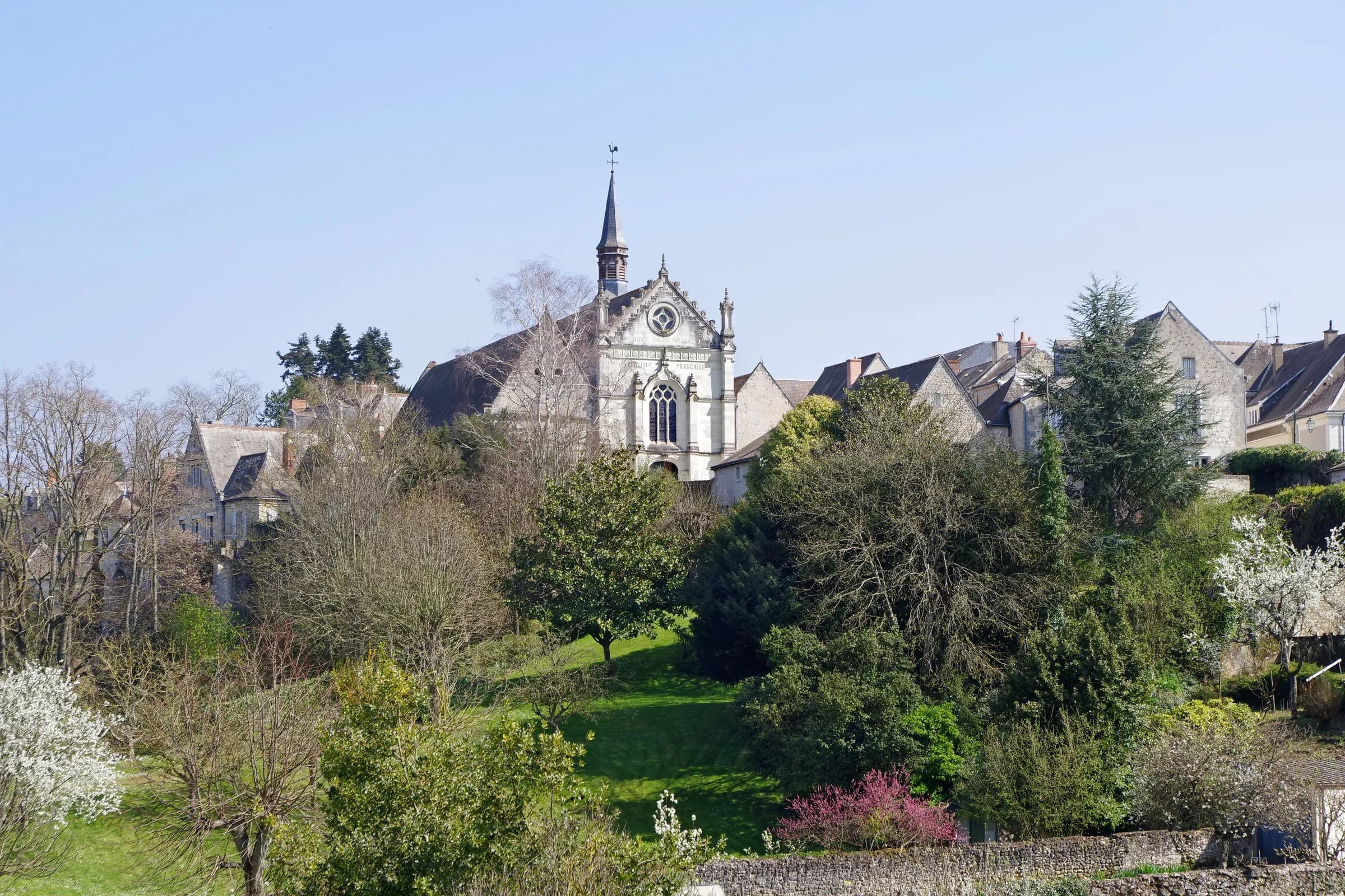 Montlouis-sur-Loire on its hillside, the church and gardens in bloom in spring